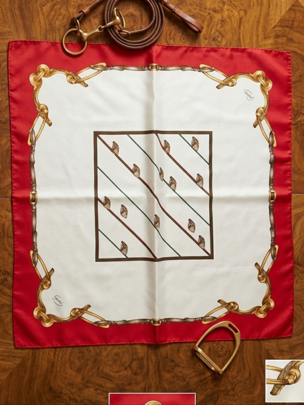 Gucci Sherry Line VTG 1978 Silk Scarf Equestrian Horse Print Red Green 86cm